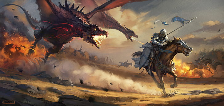 digital art, warrior, knight, flag, horse, dragon, war, fantasy art, giant, HD wallpaper