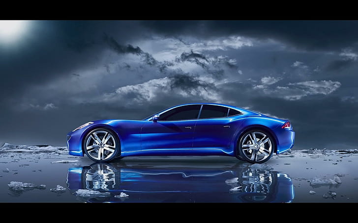 Fisker Karma In Blue, niebieski samochód sportowy, niebieski, chmury, samochody, Tapety HD