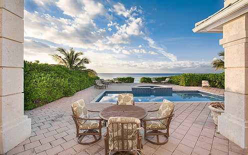 Lusso Bahamas Home, tavolo da patio rotondo marrone e bianco e set di 4 sedie, casa, piscina, lusso, oceano, bahamas, Sfondo HD HD wallpaper