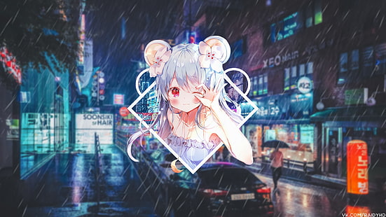 anime, anime girls, picture-in-picture, strada, Corea del Sud, città, neon, luci, pioggia, paesaggio urbano, Sfondo HD HD wallpaper