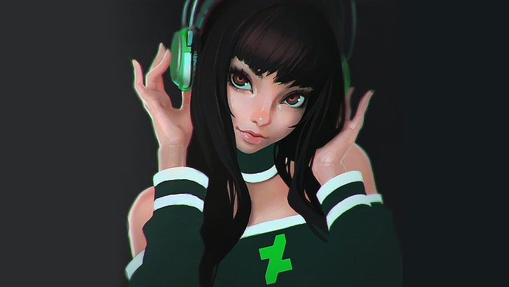 personnage féminin avec illustration de casque vert, art numérique, œuvres d'art, filles anime, écolière, casque, brune, Fond d'écran HD