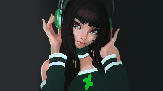 female character with green headphones illustration, digital art, artwork, anime girls, schoolgirl, headphones, brunette, HD wallpaper HD wallpaper