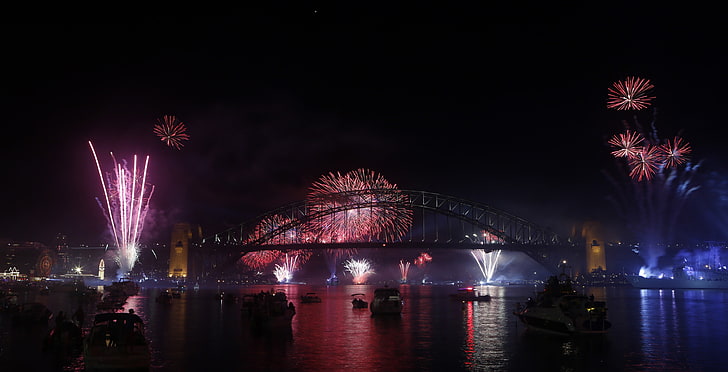 luce LED nera e rossa, esplosione, fuochi d'artificio, Sydney, barca, Sfondo HD