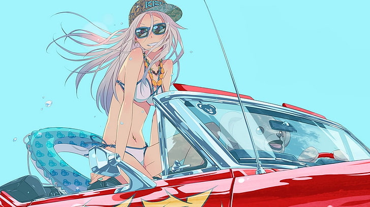 женщина аниме персонаж езда кабриолет купе цифровые обои, солнцезащитные очки, кабриолет, лето, HD обои
