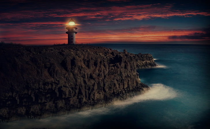 latarnia morska na klifie malowanie, latarnia morska, skała, Tapety HD