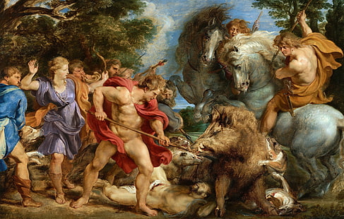 people hunting wild boar painting, picture, Peter Paul Rubens, mythology, Atalanta and Meleager Hunting the Boar, Pieter Paul Rubens, Hunting for Kalidoscope Boar, HD wallpaper HD wallpaper