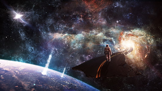 space, planet, spiral galaxy, galaxy, explosion, wormholes, astronaut, road, HD wallpaper HD wallpaper