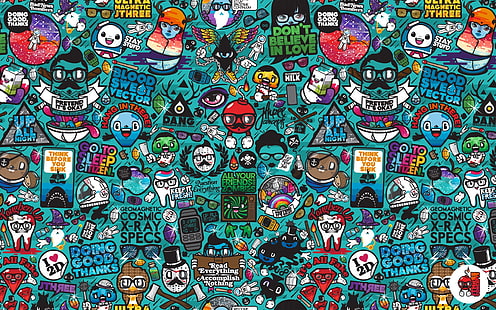 مجموعة ملصقات متنوعة الألوان والسمات ، رسومات ، تنوع ، شخصيات ، علامات ، ملونة، خلفية HD HD wallpaper
