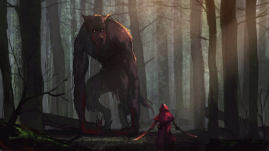 weapon, werewolves, wood, Little Red Riding Hood, sword, hoods, trees, HD wallpaper HD wallpaper