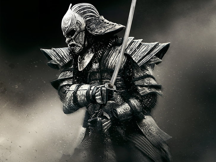 uomo che tiene la spada carta da parati, samurai grigio che tiene una katana, spada, samurai, monocromatico, guerriero, ventosa, film, Sfondo HD