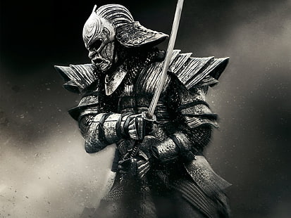 uomo che tiene la spada carta da parati, samurai grigio che tiene una katana, spada, samurai, monocromatico, guerriero, ventosa, film, Sfondo HD HD wallpaper