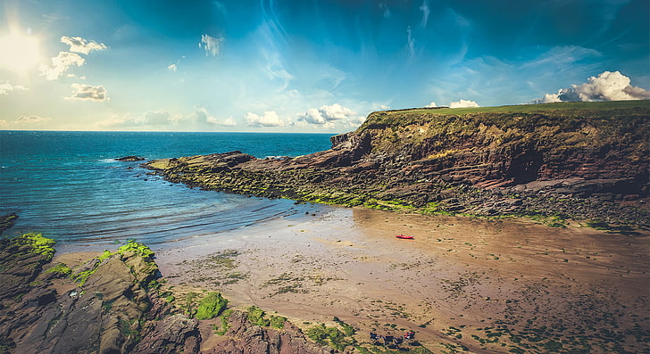 foto de paisagem de formação rochosa, rodeada por corpo de água, praia, Irlanda, mar, HD papel de parede