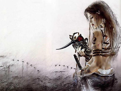 Luis Royo HD, perfil femenino sosteniendo un juego de espadas, fantasía, luis, royo, Fondo de pantalla HD HD wallpaper