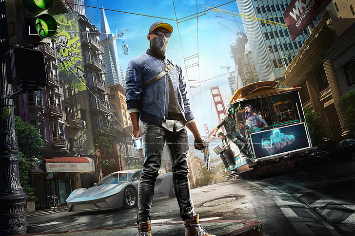 man in blue jacket and grey jeans with black sports coupe at back wallpaper, Watch Dogs 2, Season Pass, HD, 4K, 8K, HD wallpaper