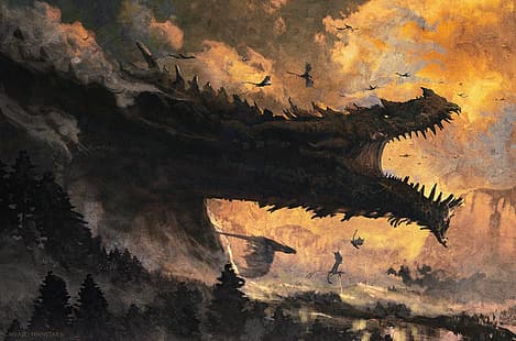 fantasy art, grafika, Władca Pierścieni, Silmarillion, smok, Śródziemie, Ancalagon Czarny, Tapety HD HD wallpaper