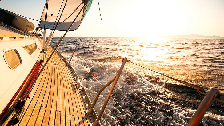 bois, ensoleillement, yacht à voile, régate, à bord du navire, vent, calme, lumière du soleil, voilier, horizon, mer, bateau, voilier, vacances, voile, voile, ciel, océan, eau, Fond d'écran HD