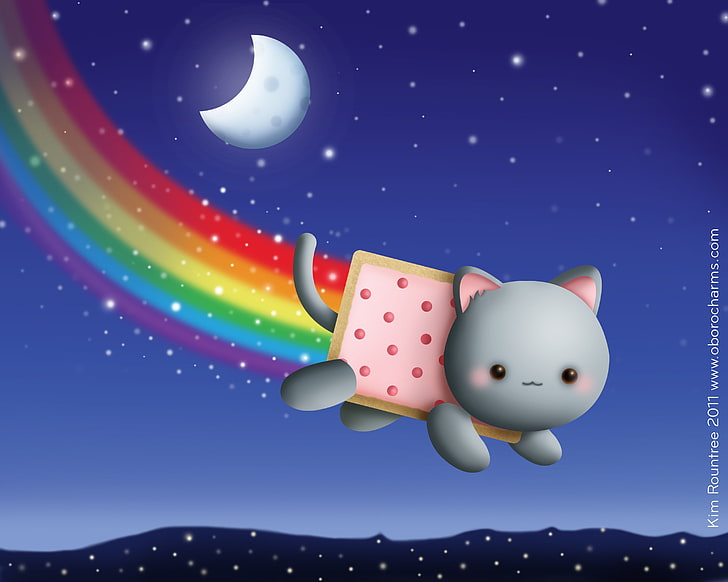 ilustrasi kucing abu-abu, kucing, kucing, hewan, makanan, meme, pelangi, Bulan, bintang, langit, malam, Nyan Cat, Wallpaper HD