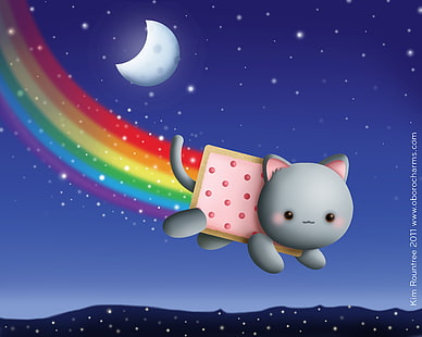 ภาพประกอบแมวสีเทา, แมว, แมว, สัตว์, อาหาร, มีม, รุ้ง, ดวงจันทร์, ดาว, ท้องฟ้า, กลางคืน, Nyan Cat, วอลล์เปเปอร์ HD HD wallpaper