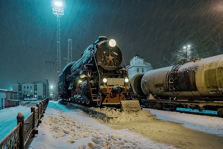 night, train, winter, snow, locomotive, HD wallpaper