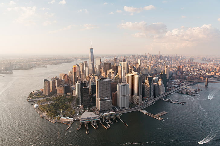 вид на вертолет, нью-йорк, залив, городской пейзаж, HD обои