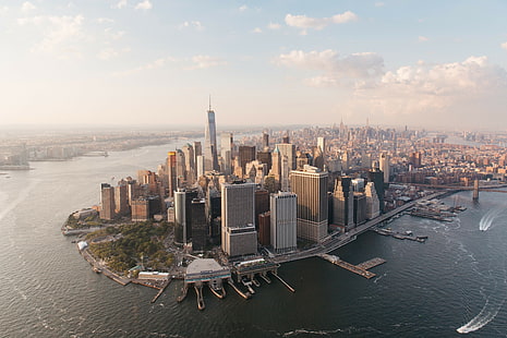 ヘリコプタービュー、ニューヨーク市、湾、都市の景観、 HDデスクトップの壁紙 HD wallpaper