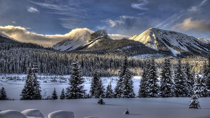 kış, kar, gökyüzü, doğa, dağ, çöl, dağlık yer şekilleri, donma, ağaç, dağ silsilesi, bulut, sabah, dağ manzarası, HD masaüstü duvar kağıdı
