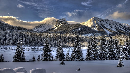 vinter, snö, himmel, natur, berg, vildmark, bergiga landformer, frysning, träd, bergskedja, moln, morgon, bergslandskap, HD tapet HD wallpaper