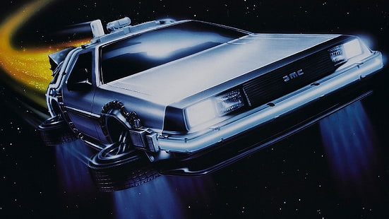 biała ilustracja GMC coupe, Back to the Future, science fiction, DeLorean, filmy, podróże w czasie, kosmos, Tapety HD HD wallpaper