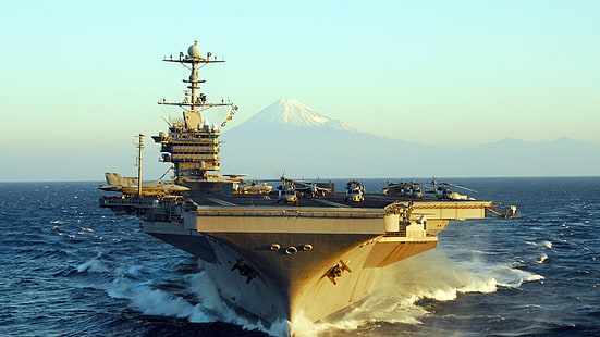 USS George Washington, CVN-73, самолетоносач, клас Nimitz, американски флот, планина, Фуджи Япония, HD тапет HD wallpaper