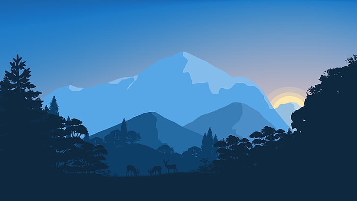 Black, blue, and gray mountain digital illustration, Sunset, Forest,  Minimal, HD wallpaper | Wallpaperbetter