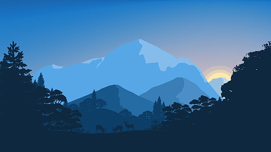 ภาพประกอบดิจิทัลภูเขาดำน้ำเงินและเทา, พระอาทิตย์ตก, ป่า, น้อยที่สุด, 4K, 8K, วอลล์เปเปอร์ HD HD wallpaper