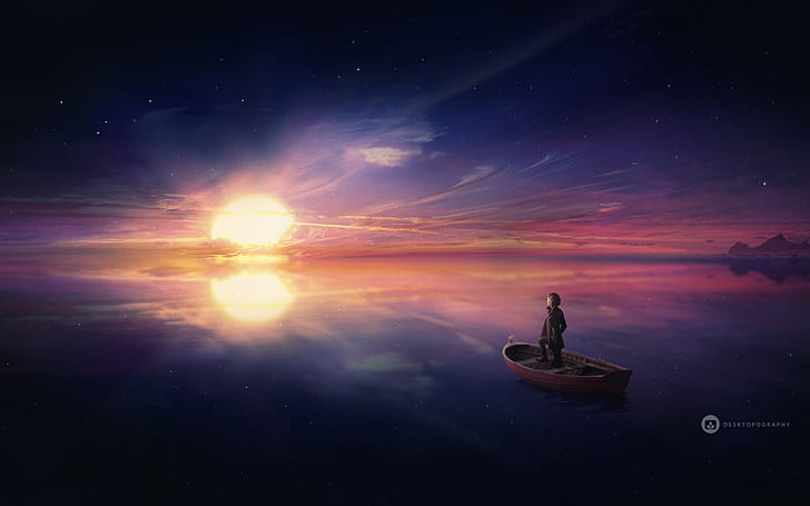 Ocean Explore HD, person riding boat on calm body of water during sunset, ocean, creative, graphics, creative and graphics, explore, HD wallpaper