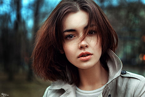 women, short hair, brown eyes, Georgy Chernyadyev, coats, trench coat, HD wallpaper HD wallpaper