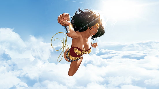 Illustrazione di Wonder Woman, arte digitale, illustrazione, Wonder Woman, supereroe, nuvole, DC Comics, Adam Hughes, Sfondo HD HD wallpaper