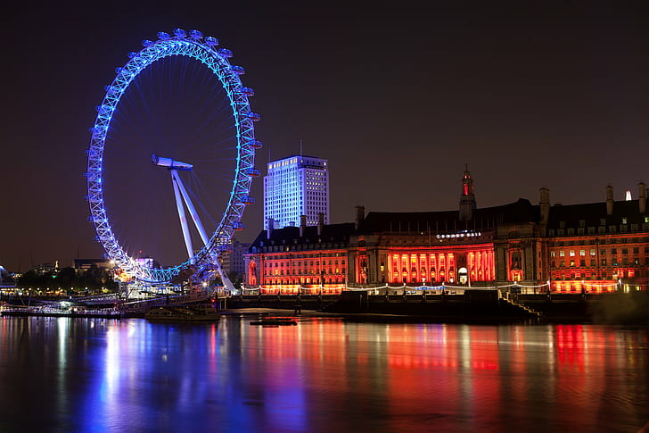 Лондонското око Англия, Лондонско око, Лондонско око, Довиждане, Лондонско око, Англия, Лондонско око, Лондра, Нощ, Размисли, известно място, река, архитектура, градски пейзаж, мост - Структура, създадена от човека, осветена, градска сцена, HD тапет