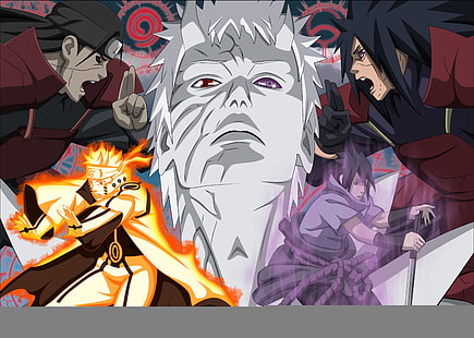 Obito, Uchiha Madara, Uchiha Sasuke และ Naruto digital wallpaper, madara uchiha, naruto anime, obito, tobi, akatsuki, naruto, madara naruto, uzumaki naruto, hashirama senju, วอลล์เปเปอร์ HD HD wallpaper