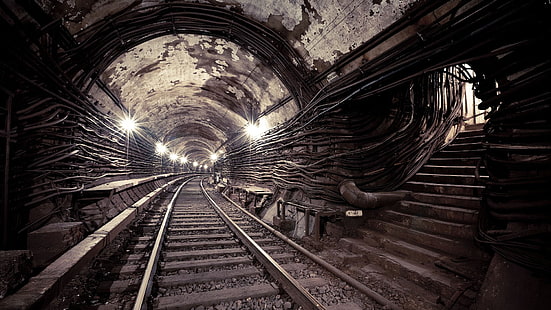 коричневый поезд тоннель, тоннель, железная дорога, метро, HD обои HD wallpaper