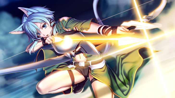 blue haired girl with arrow illustration, Sword Art Online, Sword Art Online II, Animal Ears, Bow, Cat Girl, Sinon (Sword Art Online), HD wallpaper