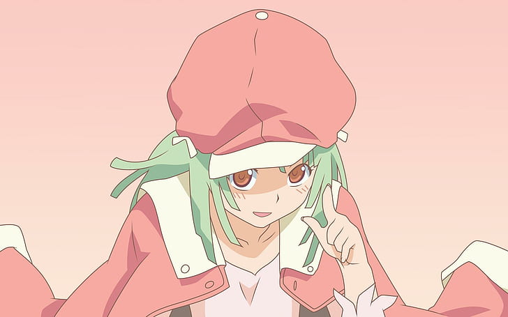 Bakemonogatari, green long haired female anime character wearing red cap, anime, 1920x1200, bakemonogatari, HD wallpaper