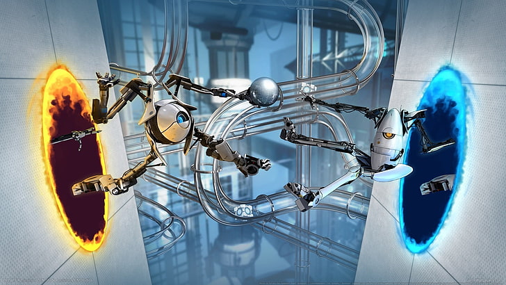 zwei Roboter kämpfen digitale Tapete, Portal (Spiel), Videospiele, 3D, P-Körper, Atlas (Portal), HD-Hintergrundbild