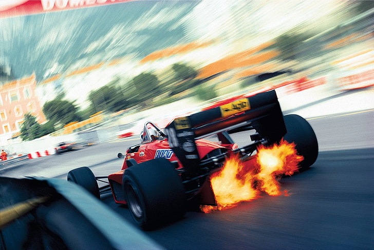 red F1 race car, car, racing, Ferrari, Monaco, long exposure, motorsports, motion blur, race cars, fire, sport , sports, vehicle, race tracks, HD wallpaper