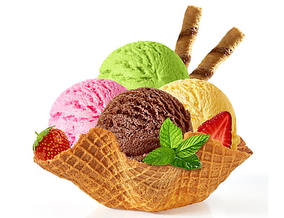 balls, strawberry, ice cream, sweet, wafer, HD wallpaper HD wallpaper
