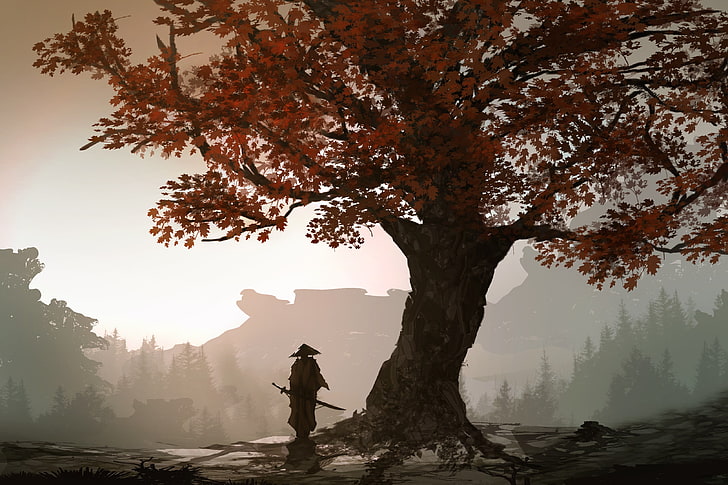 maple leaf tree, landscape, samurai, HD wallpaper
