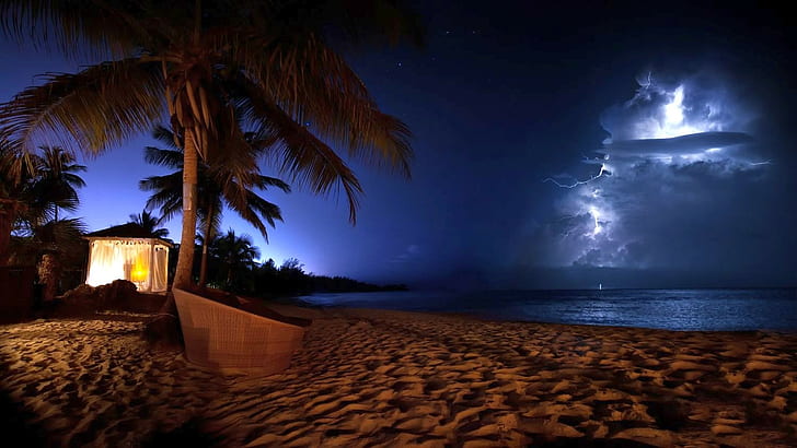 природа, фотография, пейзаж, палми, плаж, море, пясък, буря, мълния, коктейли, Пуерто Рико, нощ, HD тапет