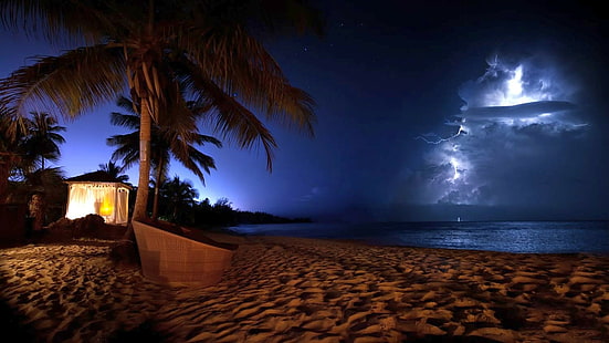 natur, fotografi, landskap, palmer, strand, hav, sand, storm, blixtar, cocktails, Puerto Rico, natt, HD tapet HD wallpaper