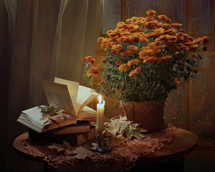 leaves, flowers, table, fire, books, candle, vase, still life, orange, chrysanthemum, tablecloth, candle holder, HD wallpaper