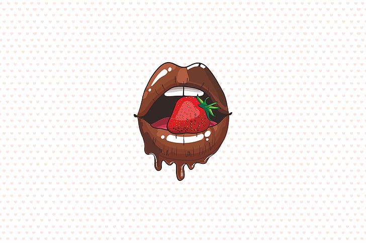 figure, graphics, teeth, strawberry, lips, hearts, red, chocolate, red lips, chocolate lips, HD wallpaper