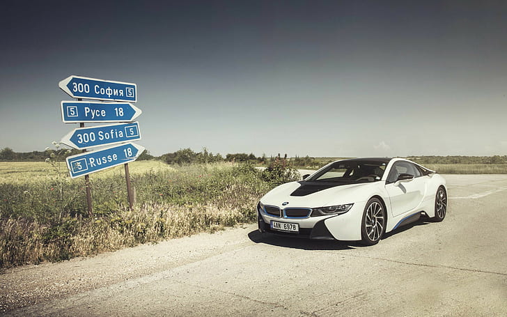 BMW i8, sun, sky, shadow, signs, BMW i8, the front wheels, HD wallpaper