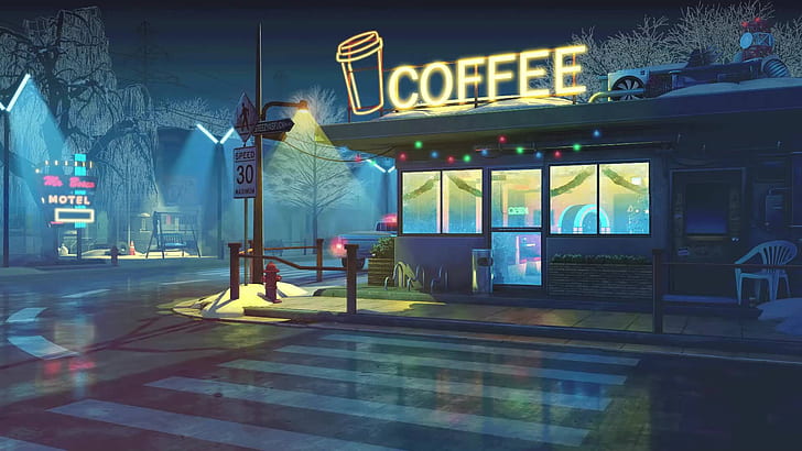 kawa, kawiarnia, sztuka cyfrowa, grafika, styl retro, przejście dla pieszych, oświetlenie uliczne, Tapety HD