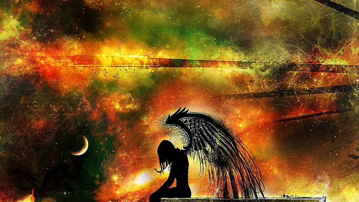 ruang, bintang, Bulan, malaikat, Klayton, Wish Upon a Blackstar, Wallpaper HD